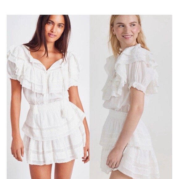 Love Shack Fancy Liv Size M Cotton Ruffled White Dress Tassels Tiered - Picture 3 of 16